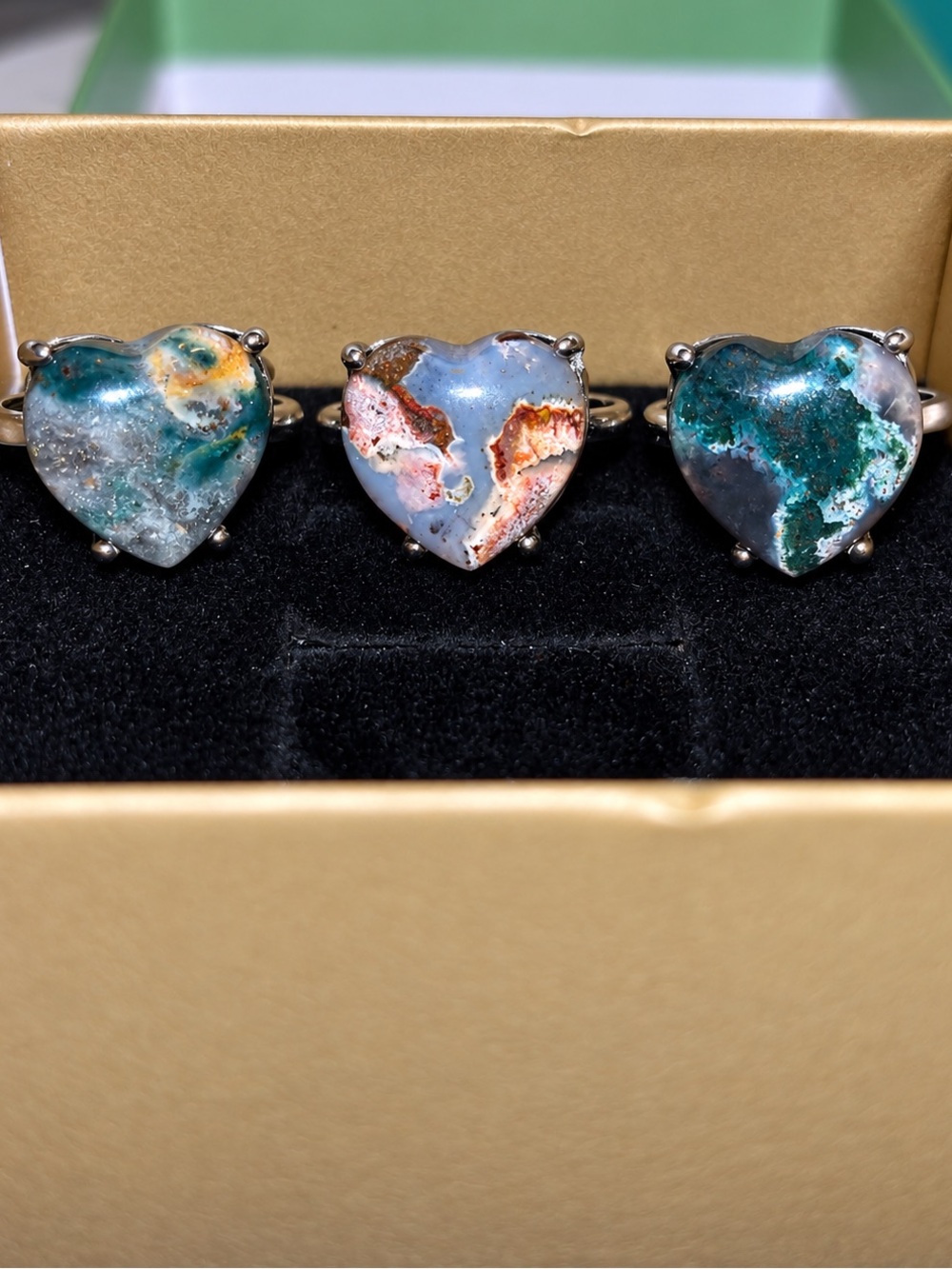 Pick 1 Ring | Heart Agate | Moss and Lacey Agate | Silver Plated | Adjustable